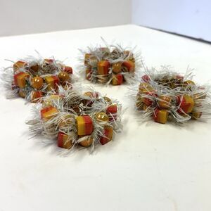 Pier 1 Napkin Rings Set of 4 Rings Orange Glass Beaded Fringe Fall Thanksgiving